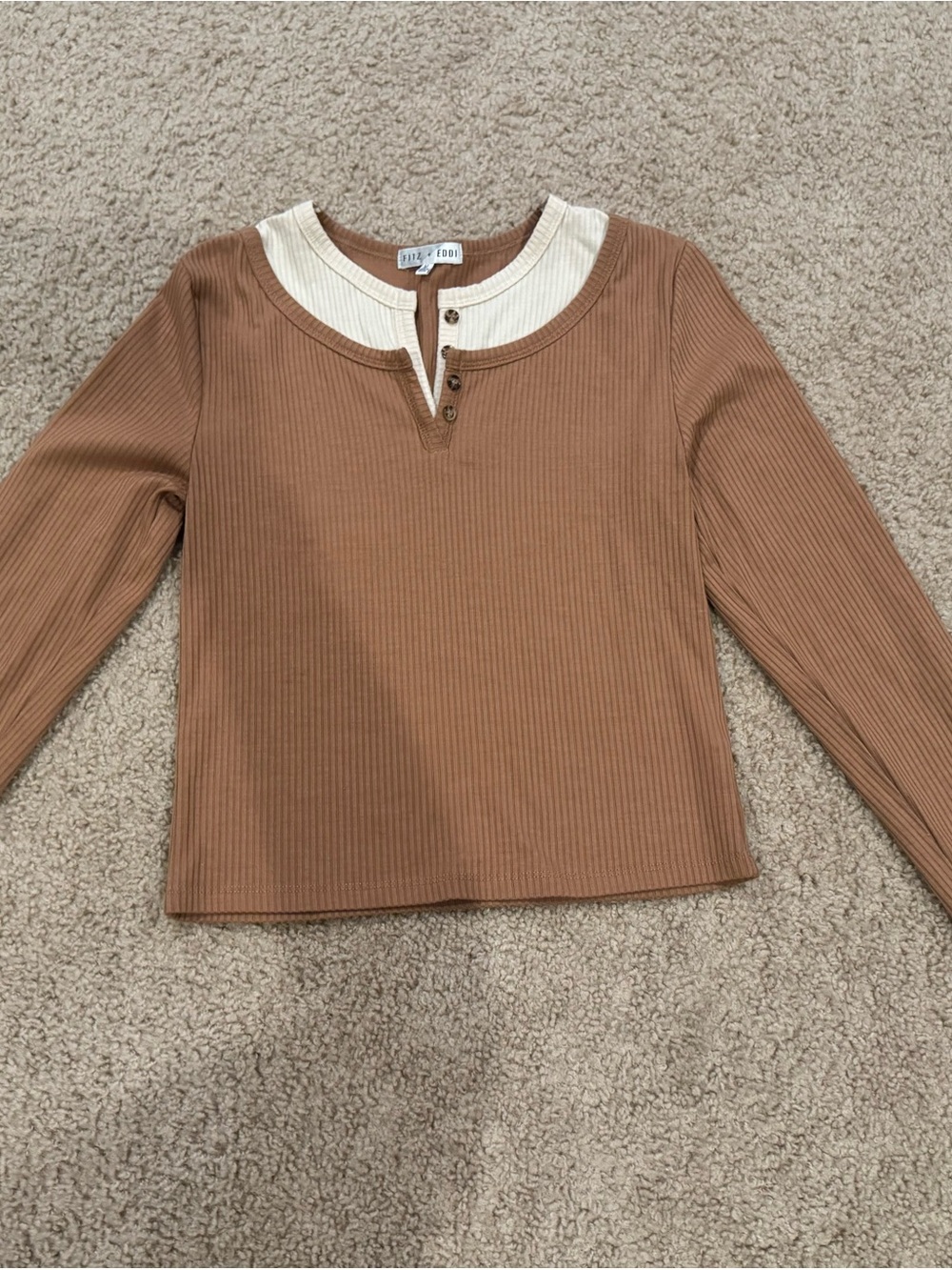 Ribbed Fitz + Eddi Long Sleeve Top in Camel with Cream Trim